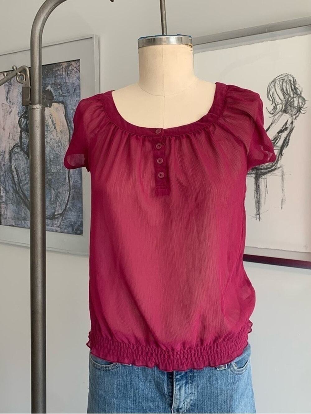 Max Love Pink Sheer Silk Blend Top Women’s Small Y2K Boho Blouse Smocked Hem
: